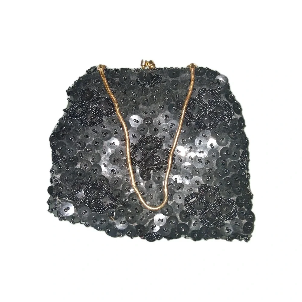 Vintage Black Beaded Sequin Evening Clutch‎ Bag Gold Tone Kiss Lock Hong Kong